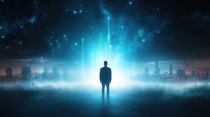 Fototapeta premium A silhouette stands before a brilliant blue light, representing innovation and the fusion of technology and imagination.