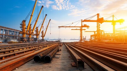 Naklejka premium Construction site with cranes and steel pipes under a blue sky during sunset, showcasing industrial work and infrastructure development.
