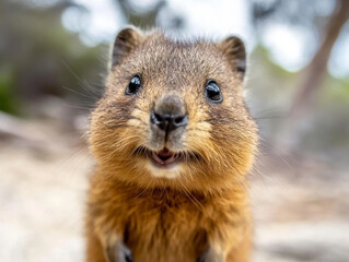 Fototapeta premium A close-up of a quokka smiling, one of Australia's cutest native animals, found on Rottnest Island.