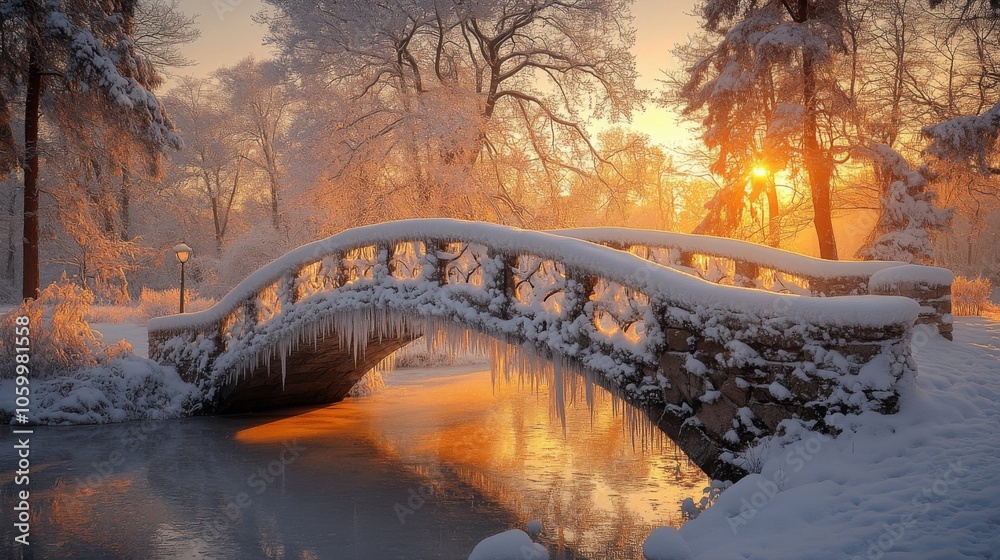 Aufkleber the scene captures a charming bridge blanketed in snow, with icicles hanging from its arches. the su