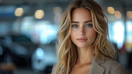 Obraz premium Professional car saleswoman in high-end car showroom. Modern elegance in automotive sales, corporate expertise. Expert car saleswoman assisting client. Automotive dealership.
