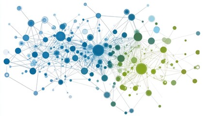 Network design with interconnected nodes in blue and green, creating a modern digital map