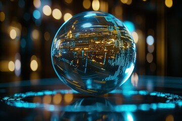 Fototapeta premium Futuristic Glass Globe Showcasing Digital Cityscape with High-Tech Data Interactions