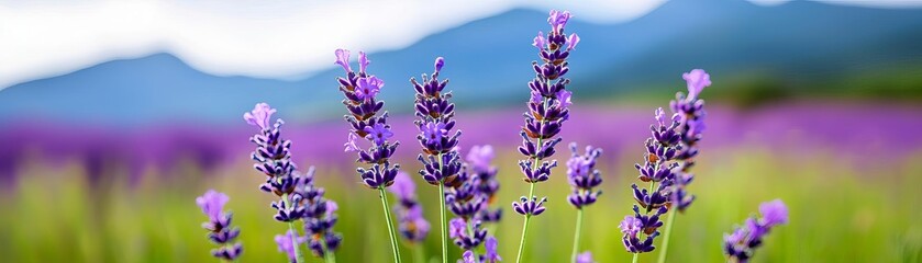 Obraz premium Sunlit field of lavender and wildflowers with mountains in the background, capturing the calm elegance of nature s colorful palette on a bright spring day