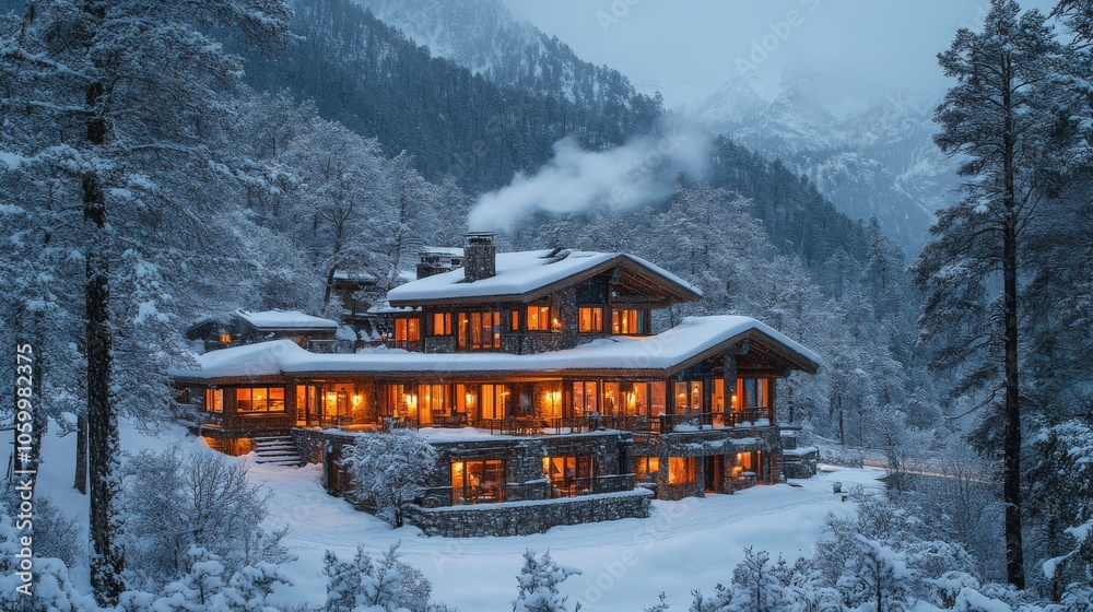 Aufkleber a large lodge nestled in a snow-covered landscape glows warmly as dusk falls. surrounding trees are 