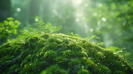Fototapeta premium A lush green forest floor covered in moss and small plants, with dappled sunlight filtering through the trees.
