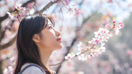 Fototapeta premium Asian Woman Admiring Cherry Blossoms in Soft light