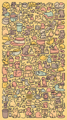 A whimsical pattern of cute cats, birds, and everyday objects.