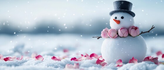 Fototapeta premium Snowman with flower petals instead of snowballs, snow covered blooms in a frosty meadow, creative winter floral fusion, serene nature inspired design