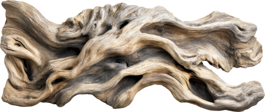 Natural wooden driftwood with intricate textures, isolated on transparent background. Organic decoration concept
