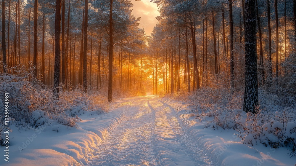 Poster a peaceful winter path is illuminated by warm sunset light filtering through tall pine trees. fresh 