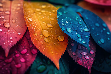 Vibrant leaves with water droplets in a rich gradient from red to blue, creating a deep and moody color palette