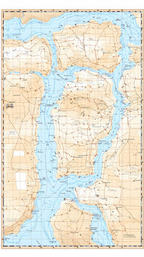 A detailed nautical chart of a coastline with islands, inlets, and shorelines.