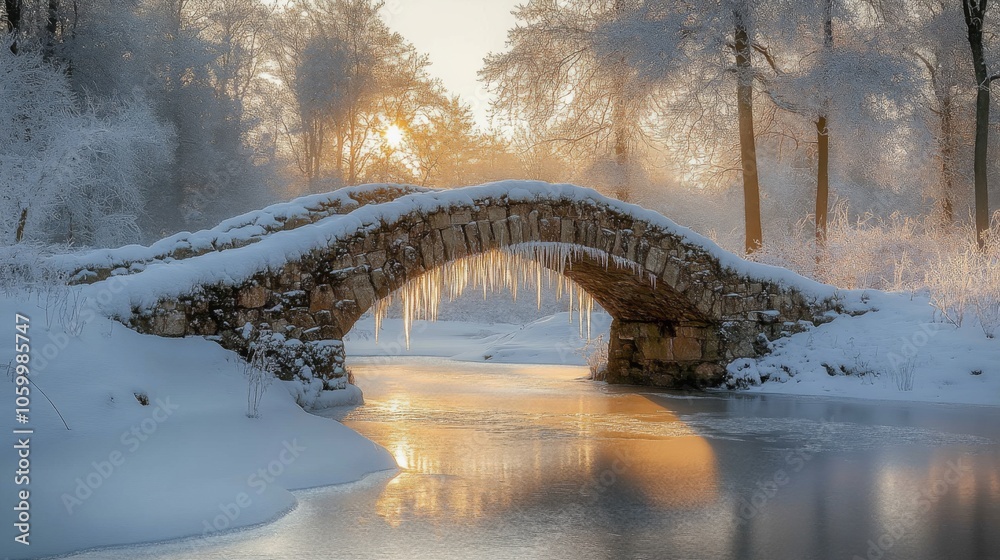 Poster a stone bridge arches over a river, surrounded by snow-draped trees. sunlight filters through icicle
