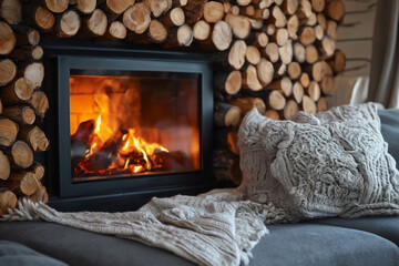 a decorative fireplace in a cozy living room interior, with neatly stacked wood inside the hearth. 