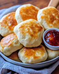A close-up of bannock bread, a traditional Indigenous Canadian dish, served with jam and butter.
