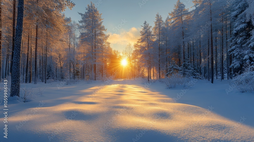 Poster the sun rises gently over a snowy landscape, casting warm hues across the white snow. tall trees fra