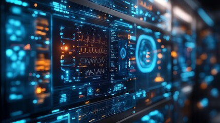 A close-up of a futuristic digital interface with glowing blue and orange graphics, showing data and information on various screens.