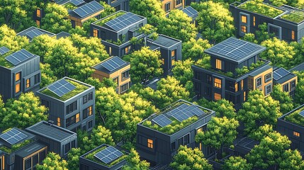 A dense urban landscape of modern houses with green roofs and solar panels, surrounded by lush trees.