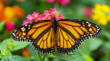 Obraz premium close-up of a vibrant butterfly on a colorful flower, intricate wing patterns, soft bright background