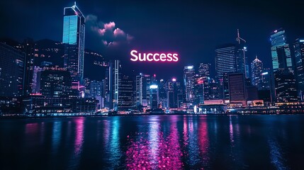 Obraz premium A Futuristic City Skyline at Night with Success Symbols Illuminating the Buildings