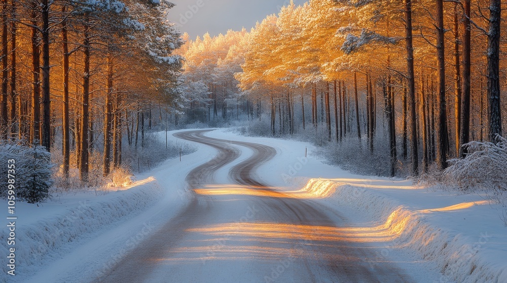 Poster a serene winter road winds through a snow-covered forest, with sunlight casting a warm glow on the s