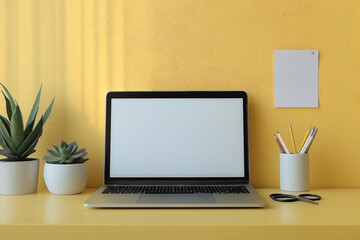 Fototapeta premium Minimalist desk setup on a light yellow surface. Centered silver laptop with blank white screen. white ceramic pencil holder with scissors and colored pencils. and a small white pot with a succulent