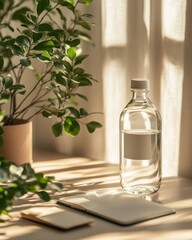 Mock up on pastel clean Clean Water Bottle on Pastel Tabletop with Plants