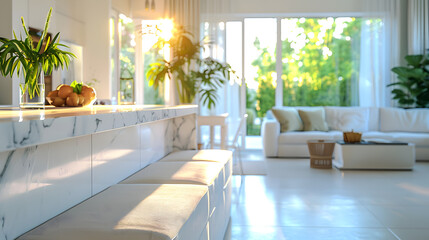 Fototapeta premium bright kitchen with a large marble bench as the focus in the foreground and the background slightly blurred, light color palette, modern looking