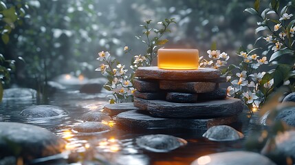 A glowing candle sits on a stack of stones in a forest stream surrounded by white flowers and glowing lights.