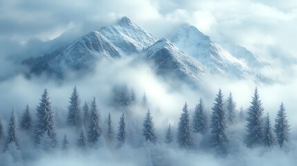 Obraz premium A misty, snowy mountain range with a forest of evergreen trees in the foreground.