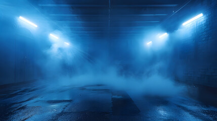 Obraz premium dark empty street, dark blue background, an empty dark scene, neon light, spotlights The asphalt floor and studio room with smoke float up the interior texture. night view