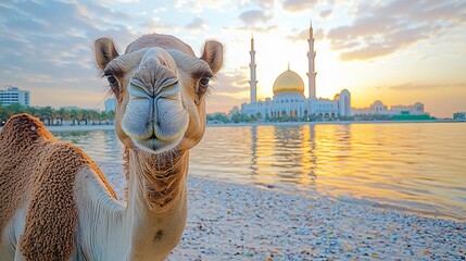 Camel Portrait Against a Golden Mosque Sunset