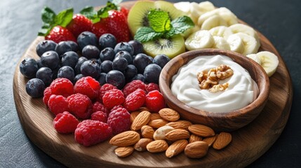 Fototapeta premium A colorful and healthy fruit platter featuring fresh berries bananas kiwi and yogurt for a nutrient-packed snack or dessert