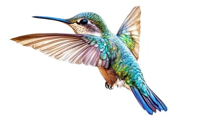 Watercolor hummingbird with vibrant blues and greens, frozen mid-flight, isolated on transparent background