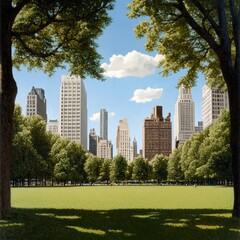 Urban Park View with Skyscrapers and Blue Sky