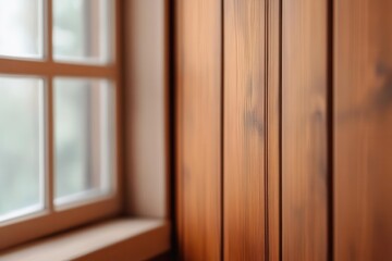 Fototapeta premium A close-up view of polished wooden panels alongside a window, showcasing natural textures and warm tones that enhance interior aesthetic.