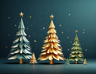 Obraz premium Christmas background with golden christmas trees and snowflakes. 3d rendering
