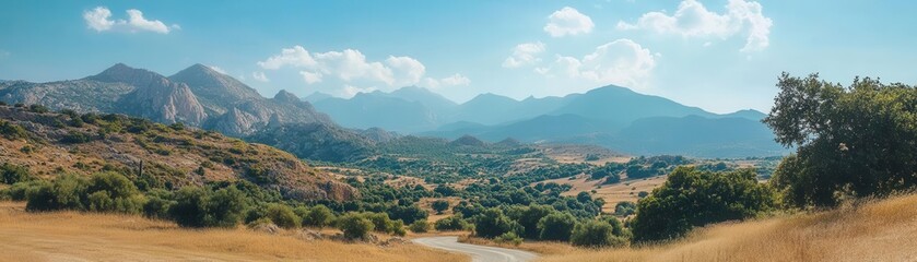 Obraz premium A panoramic view of rolling hills and mountains under a clear blue sky, showcasing lush greenery and dry grasslands.