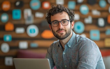 Fototapeta premium A young professional using his laptop, with a backdrop of floating digital icons symbolizing technology, innovation, and entrepreneurship in the modern world