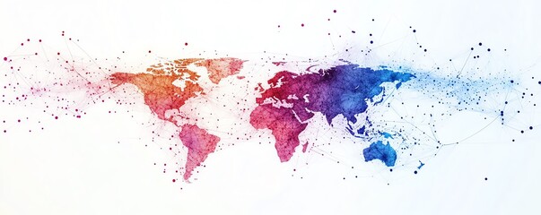 An abstract world map with flowing connecting lines and colorful dots, illustrating the interconnectedness of global communication and technology