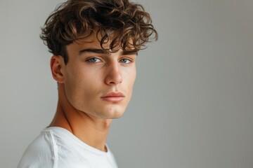 Obraz premium Portrait of Young Man with Curly Hair in White TShirt Against Plain Background