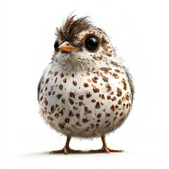 Cute bird with speckled feathers, standing against a white background.