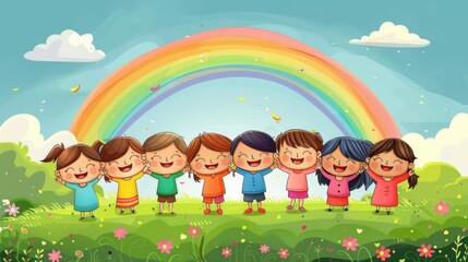 Obraz premium Happy children standing under rainbow in meadow
