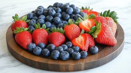 Obraz premium Vibrant medley of fresh strawberries and blueberries on a wooden platter a feast for the eyes and taste buds