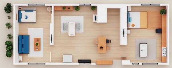 A top-down view of a modern home layout featuring living room, dining area, and kitchen with stylish furniture and decor elements.
