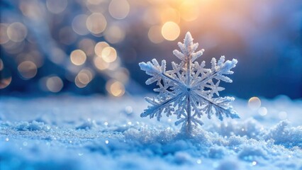 Captivating Single Snowflake on a Snowy Surface: Nature's Intricate Design, Winter Beauty, Close-Up Shot, Cold Weather, Unique Ice Crystal, Snow Patterns, Frozen Artistry