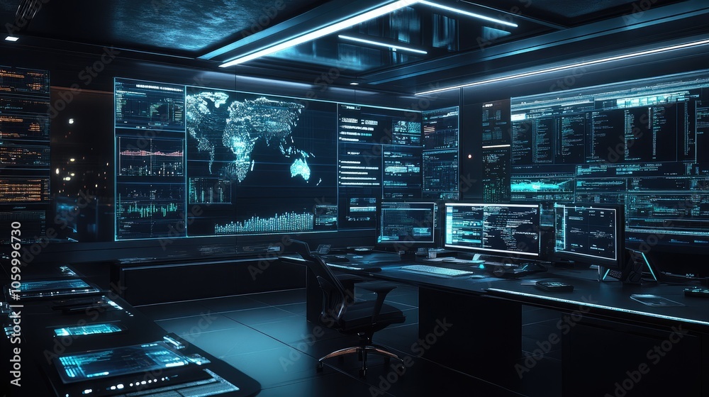 Poster futuristic control room with advanced computer systems and global data visualizations