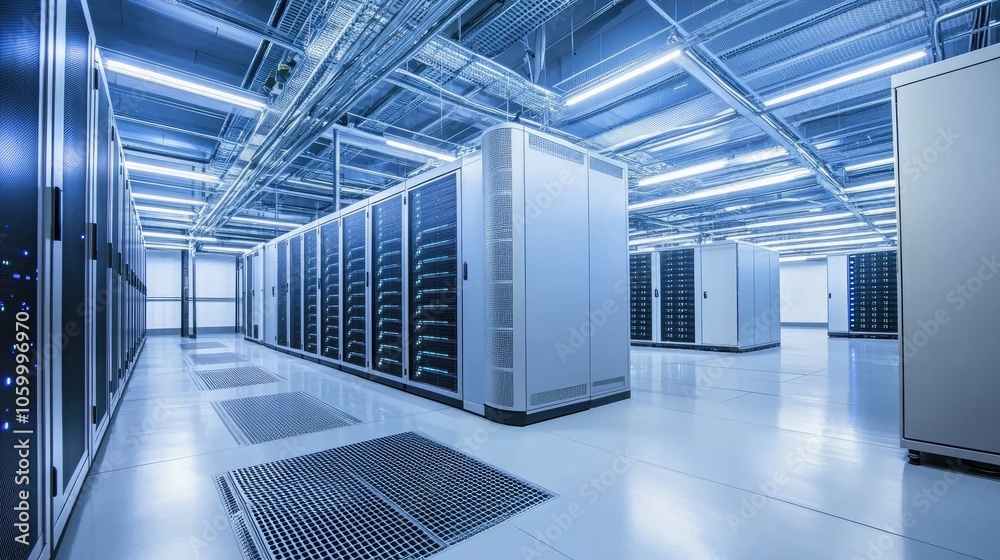Poster exploring the future of data storage inside an advanced data center with high-tech infrastructure