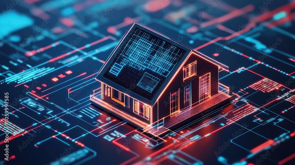 Poster exploring the intersection of architecture and technology a digital house model in a high-tech envir